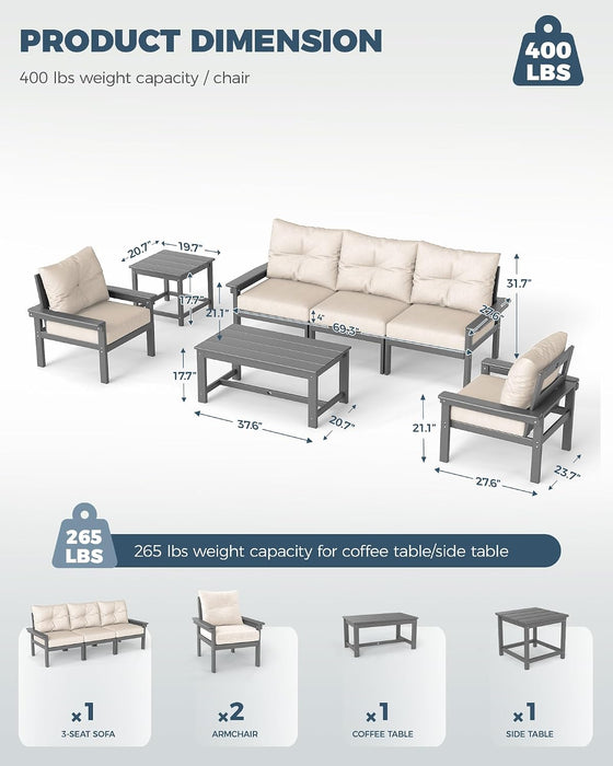 HDPE Outdoor Patio Furniture Set, Grey Frame & Beige Cushions