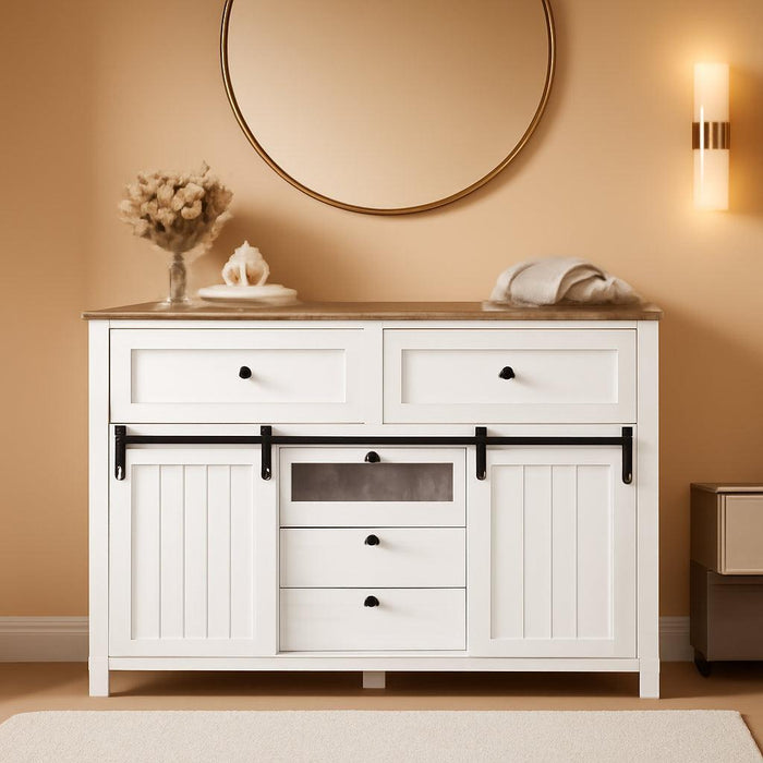 Farmhouse Buffet Cabinet, Sideboard Storage Cabinet with 5 Drawers and Sliding Barn Doors, Wood Coffee Bar Table with Adjustable Shelf for Living Room, Dining Room