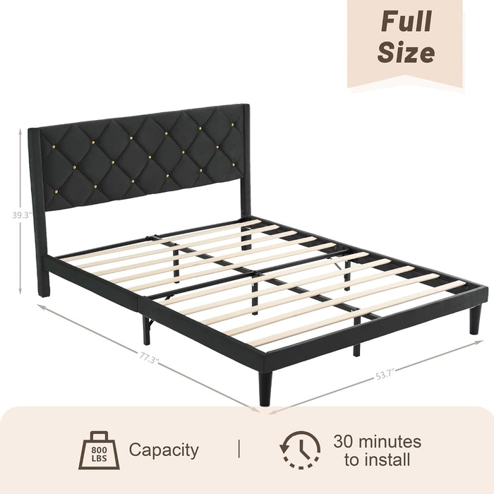 Full Size Platform Bed Frame with Velvet Headboard