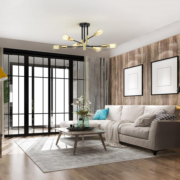 Modern Sputnik Chandelier Ceiling Light Fixtures, 6-Lights Mid Century Industrial Metal Semi Flush Mount Lamp for Bedroom Dining Room Living Room Kitchen Hallway Office-Black and Gold