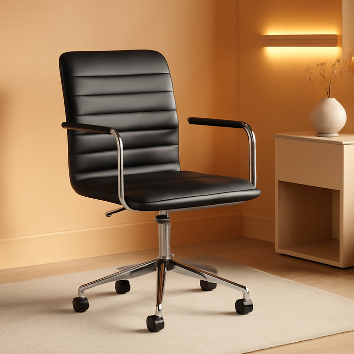 Taytum Swivel Task Chair with Armrests for Home Office in Black Faux Leather with Polished Nickel Frame