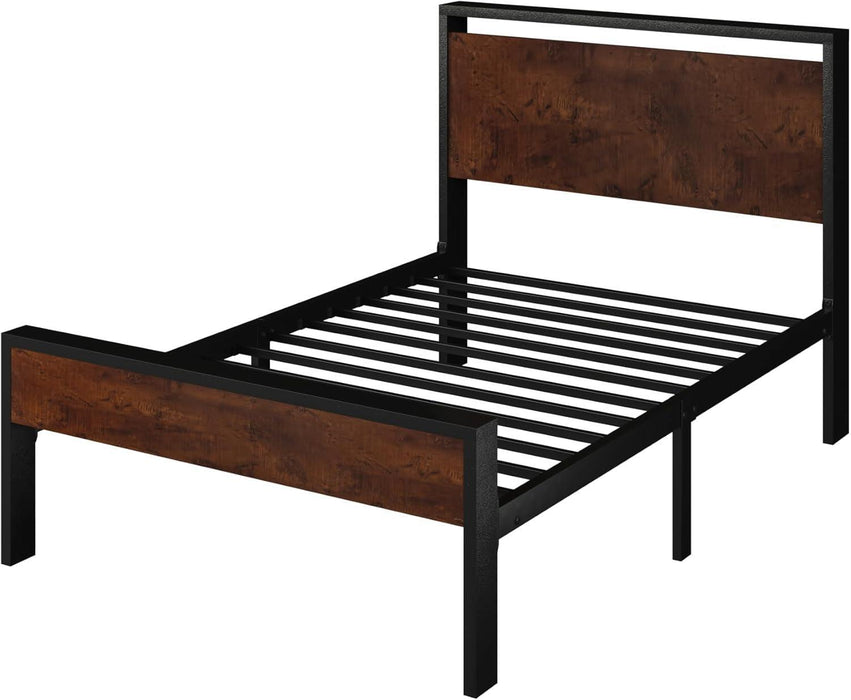 14 Inch Twin Size Metal Platform Bed Frame with Wooden Headboard and Footboard, Mattress Foundation, No Box Spring Needed, Large under Bed Storage, Heavy Duty Slats Support, Mahogany