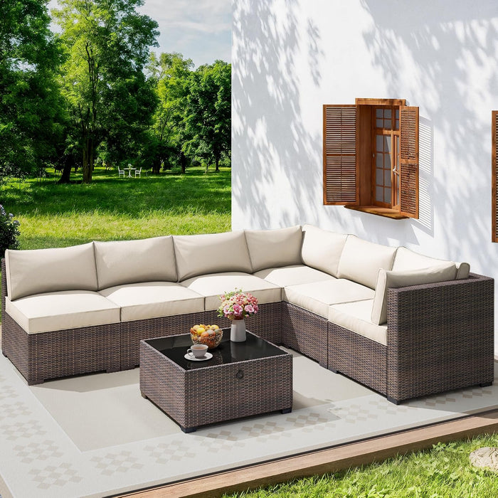 7 Piece Outdoor Patio Sectional Furniture Set, Modular Wicker Outdoor Couch