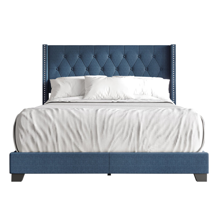 Nailhead Trim Wingback Linen Upholstered Bed, Blue, Full