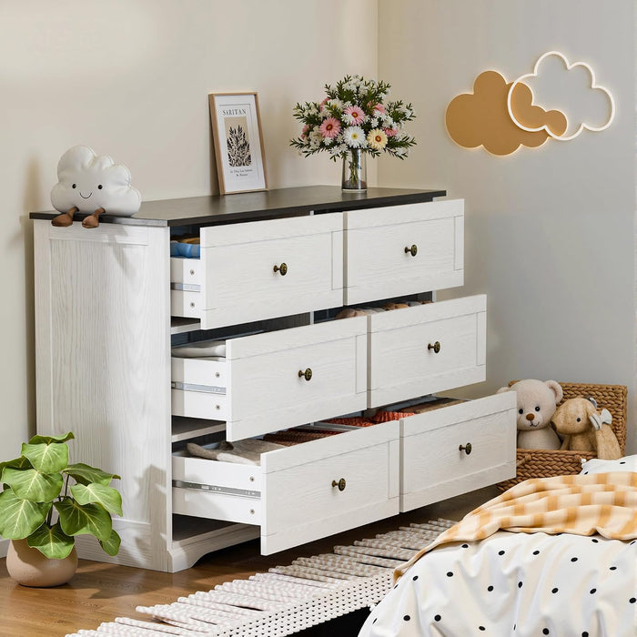 Dresser for Bedroom with 6 Drawers, 47.2" Wide Modern Chest of Drawers with Handle,Dresser TV Stand,White Dresser with Black Countertop for Living Room, Hallway