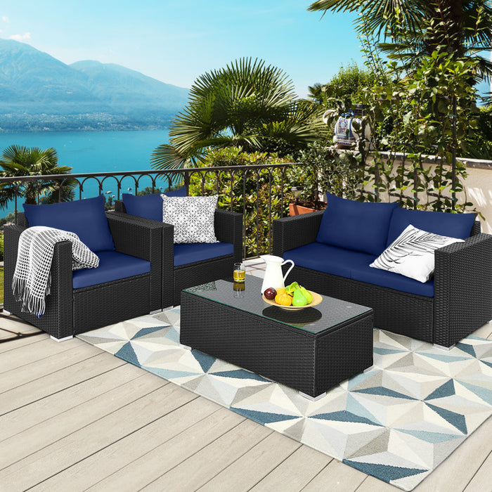 4 Pieces Patio Rattan Conversation Set with Padded Cushions