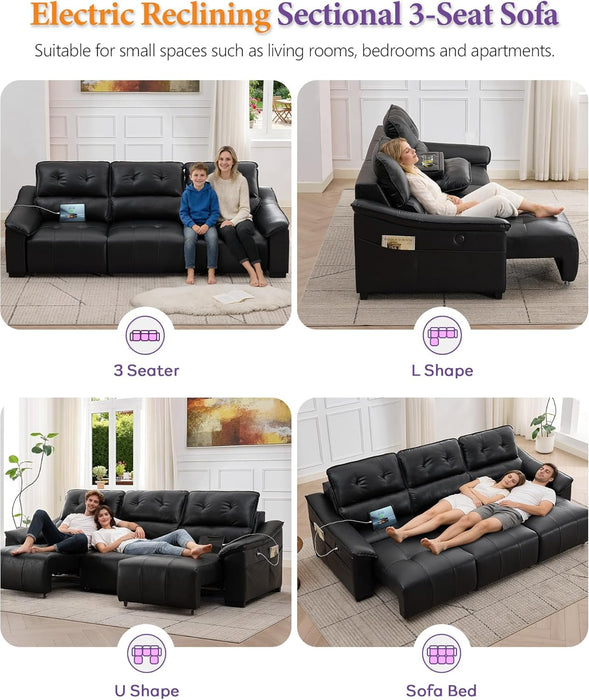 Electric Reclining Sectional Couch, Power Recliner Sofa W/Usb & Type-C Charging Ports and Cup Holders, Leather Reclining Sofa for Living Room, Home Theater