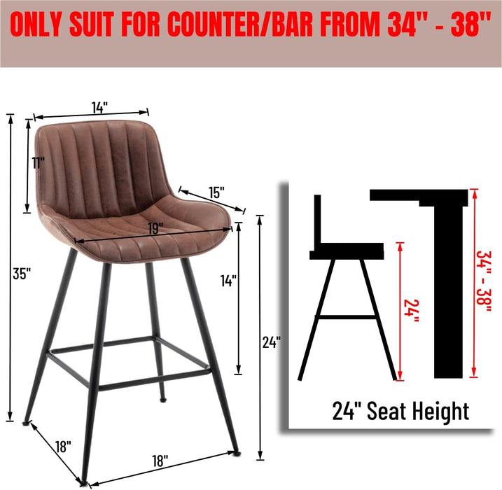 Brown Bar Stools Set of 2, 24 Inch Barstools Fabric Upholstery | Counter Height Bar Stool 24-Inch Seat Height, Thick Cushion, Black Metal Legs, Mid-Century Industrial Look for Kitchen Island