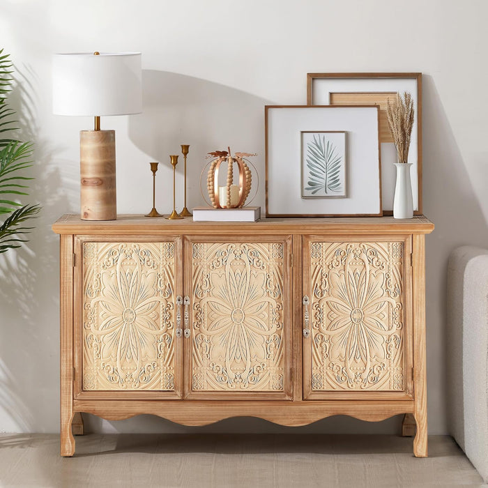 Farmhouse Sideboard Buffet Cabinet with Storage, 49" Solid Wood Credenza Buffet Table Coffee Bar Wine Bar Storage Cabinet with 3 Doors for Dining Room Living Room Hallway, Provence Grain