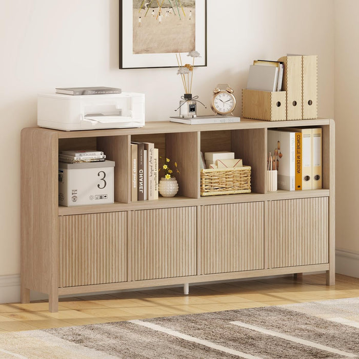 8 Cube Storage Organizer Bookshelf with Storage, 57 Inch Horizontal Bookcase with 4 Doors, Long Wooden Book Shelf for Living Room, Home Office (Light Walnut)