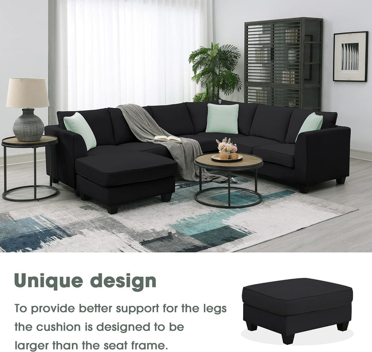 Large U Shaped Sectional Sofa with Removable Ottoman for Living Room, 7 Seats Modular Sofa with Wide Chaise Lounge & 3 Pillows, 112” Fabric Corner Couch Set for Large Space, Black