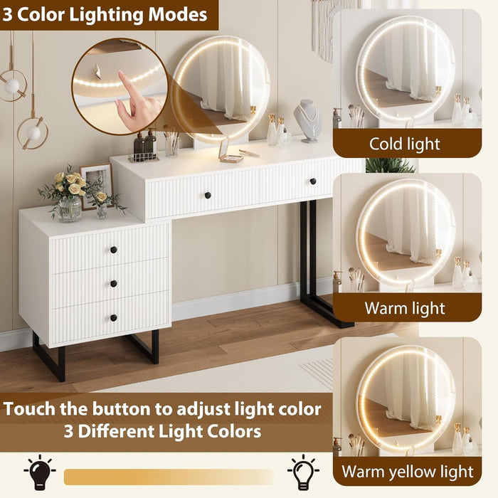 Vanity Desk with Mirror and Lights, 49.2”H Makeup Vanity with 3 Color Lights and Adjustable Brightness, Bedroom Vanity Table with 5 Drawers, White