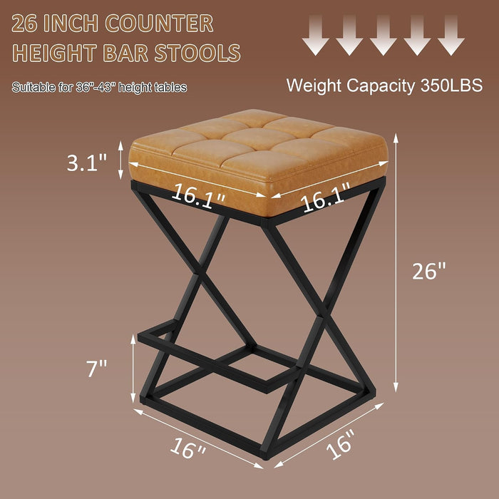 Backless Bar Stools Set of 2, 26 Inch Counter Barstools, PU Brown | Industrial Metal Bar Stools, Backless Faux Leather Seat, X-Frame Footrest,Space-Saving, 26" Counter Height, for Kitchen,Cafe