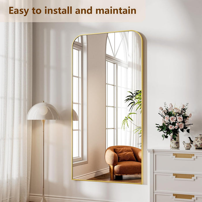 Full Length Mirror, 71"X30" Mirror Full Length with Stand, Gold Domed Top Square-Edged Floor Mirror with Aluminum Alloy Frame for Bedroom Living Room