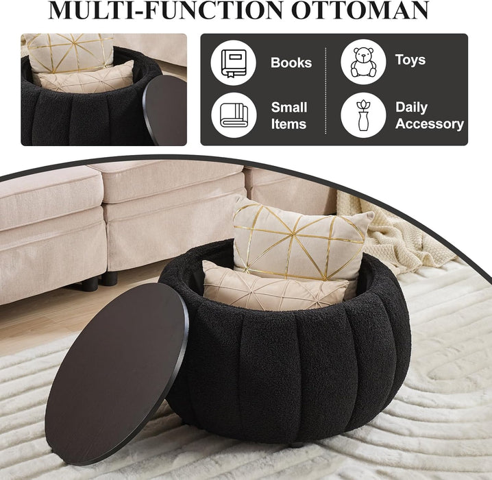 30 Inches Large round Storage Ottoman, Modern Upholstered Ottoman Coffee Table, Wooden Top, Soft Teddy Fabric Surface, for Living Room, Bedroom, Pumpkin Shape, Black