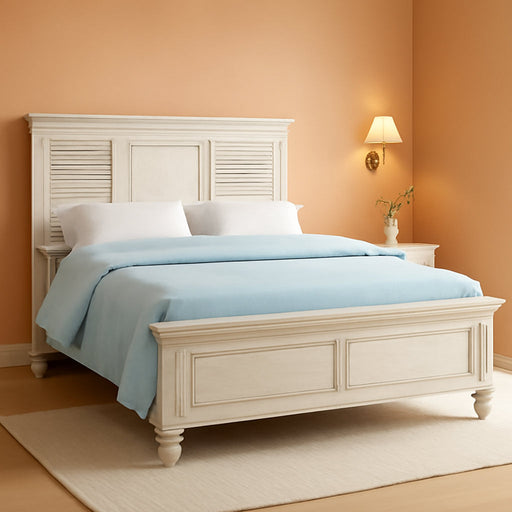 Farmhouse Wood Queen Panel Bed, Antique White Finish, 57" H X 67.5" W X 88.25" D, Asian Hardwood and Veneers, Coastal Style Bedroom Furniture, Box Spring Required, Assembly Required