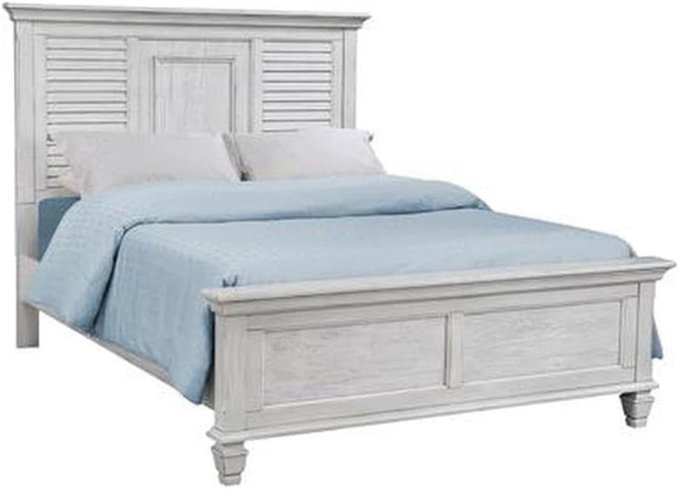 Farmhouse Wood Queen Panel Bed, Antique White Finish, 57" H X 67.5" W X 88.25" D, Asian Hardwood and Veneers, Coastal Style Bedroom Furniture, Box Spring Required, Assembly Required
