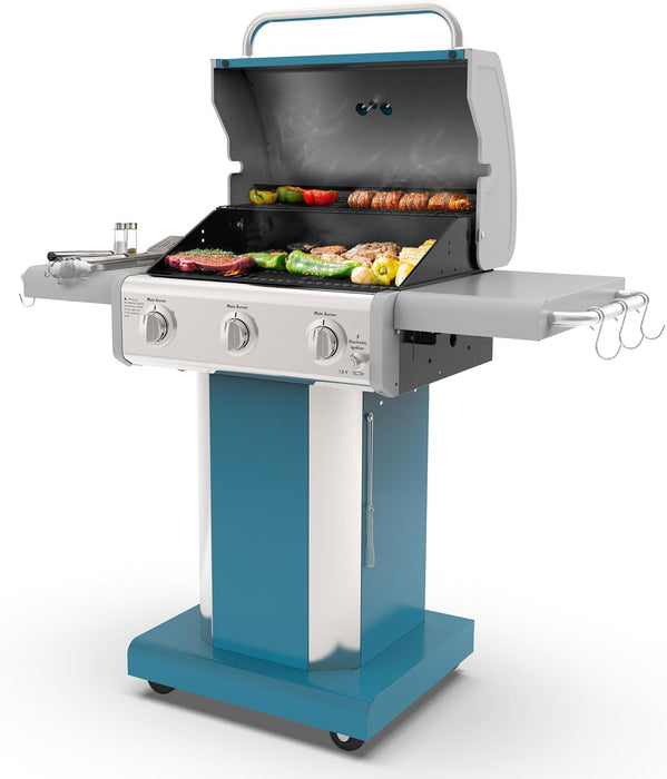 3-Burner Propane BBQ Grill, 30,000 Btus Gas Grill with Cast Iron Cooking Grates, Folding Side Tables & Wheels, Outdoor Grill with Tool Hooks, Teal