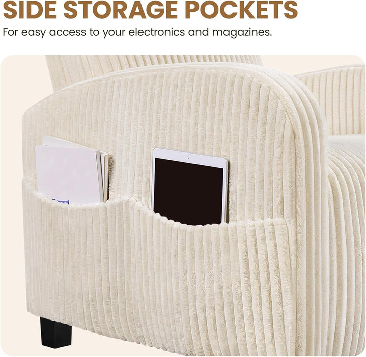 Sofa Accent Chair for Living Room, Corduroy High Back Lounge with Side Pockets Reading Armchairs for Nursing Bedroom Home Movie Theater Beige