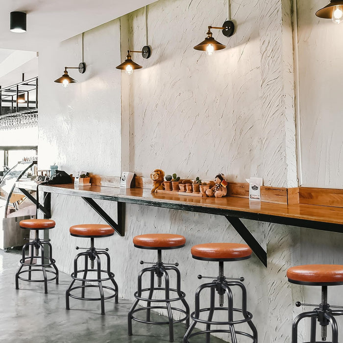 Industrial Bar Stools Vintage Counter Height Bar Stool with round Faux Leather Seat Metal Stool Adjustable Kitchen Stool 21.5-28 Inch Tall Light Brown, 1PCS