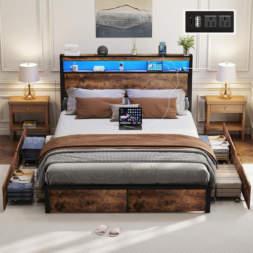 Full Size Bed Frame with Storage, LED Wood Bed Platform with Headboard, 4 Drawers, Charging Station, No Box Spring Needed, Metal Support Base, Vintage Brown