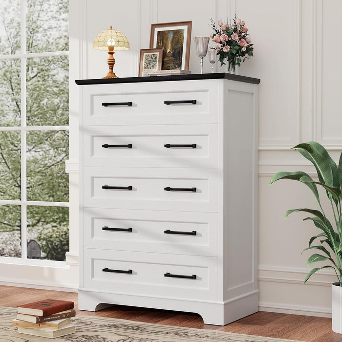 Tall Dresser Five Drawers Farmhouse White Distressed