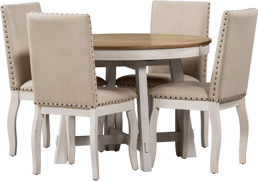 TREXM 5-Piece Farmhouse Dining Table Set Wood round Extendable Dining Table and 4 Upholstered Dining Chairs (Oak Natural Wood + Antique White)