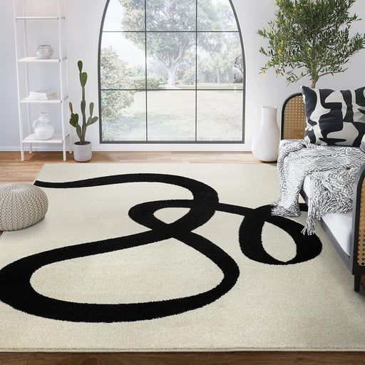 Abstract Beige/Black Area Rug - 8'X10' - Modern Curved Line Design - Deco Collection - Easy to Clean - Durable for High Traffic Areas - Living Room, Dining Room - Medium Pile