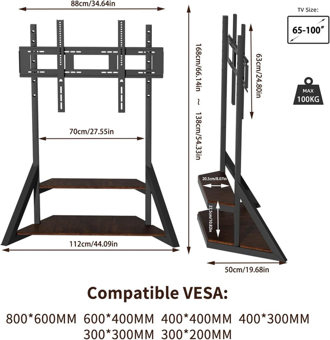 Mobile TV Floor Stand with Wheels Shelves for 65 to 100 Inch Large LCD/LED Flat Curved Screen up to 220Lbs, Adjustable Heights TV Mount Stands VESA 800X600Mm, Rolling TV Stand for Bedroom Office
