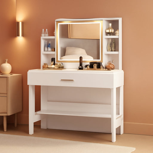 White Makeup Vanity Desk Featuring Illuminated Mirror