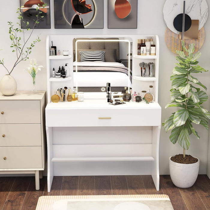 White Makeup Vanity Desk Featuring Illuminated Mirror
