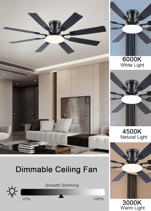 60Inch Ceiling Fan with Lights and Remotes, Large Low Profile Flush Mount Ceiling Fans,Dc Reversible Motor, 3CCT Dimmable,Noiseless,Dual Finish, Black 6 Speeds Ceiling Fan for Indoor/Outdoor