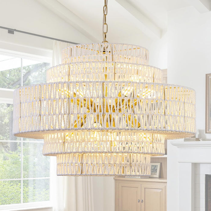 28.7In Large Coastal Chandelier White Rattan Light for Living Room