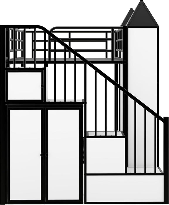 Twin over Twin Metal Bunk Bed with Stairs and Storage Wardrobe, Castle-Shaped Bunk Bed Heavy-Duty Steel Frame, Noise Free,For Kids Teens Adults, Black+White