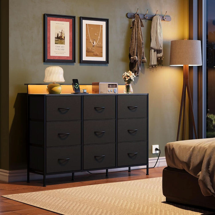 Black Dresser TV Stand 55 Inch With LED Lights And Charging Station Black Dresser TV Stand 55 Inch With LED Lights And Charging Station