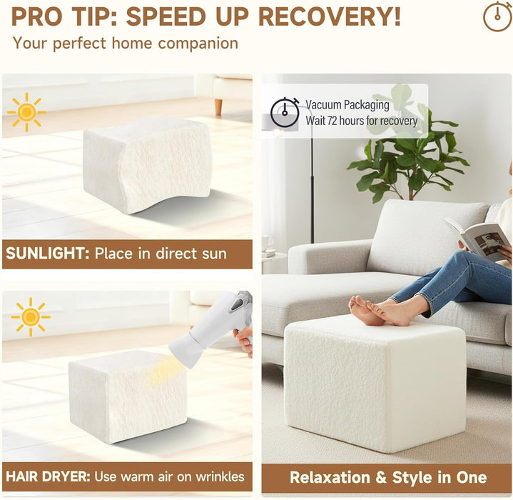 Square Stuffed Pouf Ottoman, Plush Poufs with Foam Chunk Filling, Foot Rest Stool for Living Room, Cream