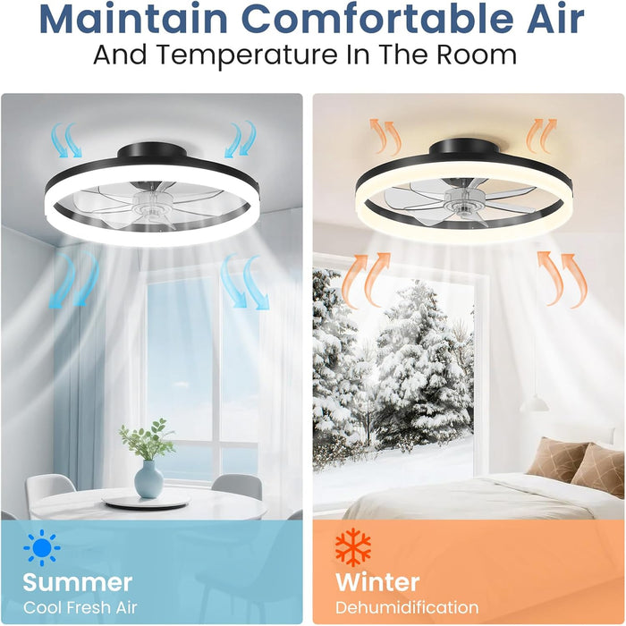 Ceiling Fan with Light, 20" Modern Low Profile Foldable Ceiling Fans with 6 Wind Speeds, Dimmable Smart Ceiling Fan Light with Remote for Bedroom, Kids Room and Living Room (Black)