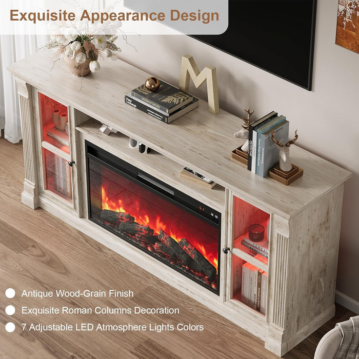 Farmhouse Fireplace TV Stand up to 80" Tvs, 70" Modern Highboy Entertainment Center with 36" Electric Fireplace & LED Lights, Media Console with Adjustable Shelves for Living Room, Antique Brush Gray