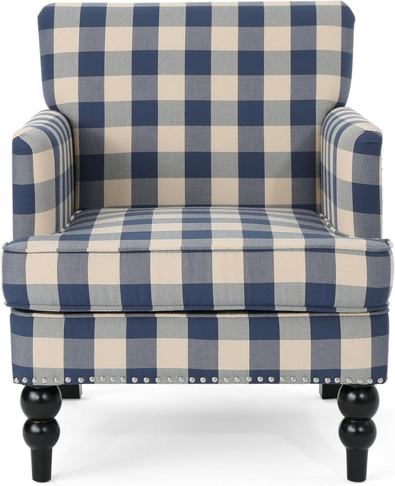 Luxurious Upholstered Blue Checkerboard Club Chair