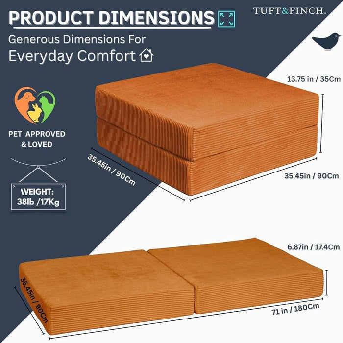 2-Piece Modular Corduroy Ottoman – Boneless Convertible Floor Sleeper & Guest Seating Mat – Pet-Friendly, High-Density Certipur-Us Foam, Washable Covers, Anti-Slip Base – Orange