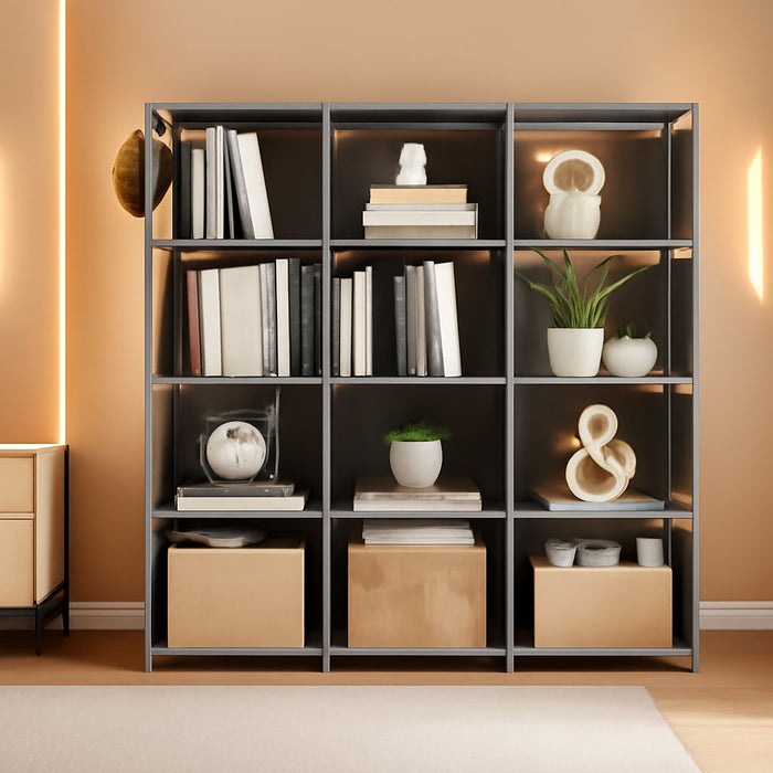 Book Shelf, 12 Cube Storage Organizer, DIY Bookcase, Metal Cube Bookshelf,Tall Book Case for Bedroom, Living Room,Office,Closet Storage Organizer, Grey Cubicle Storage Rack