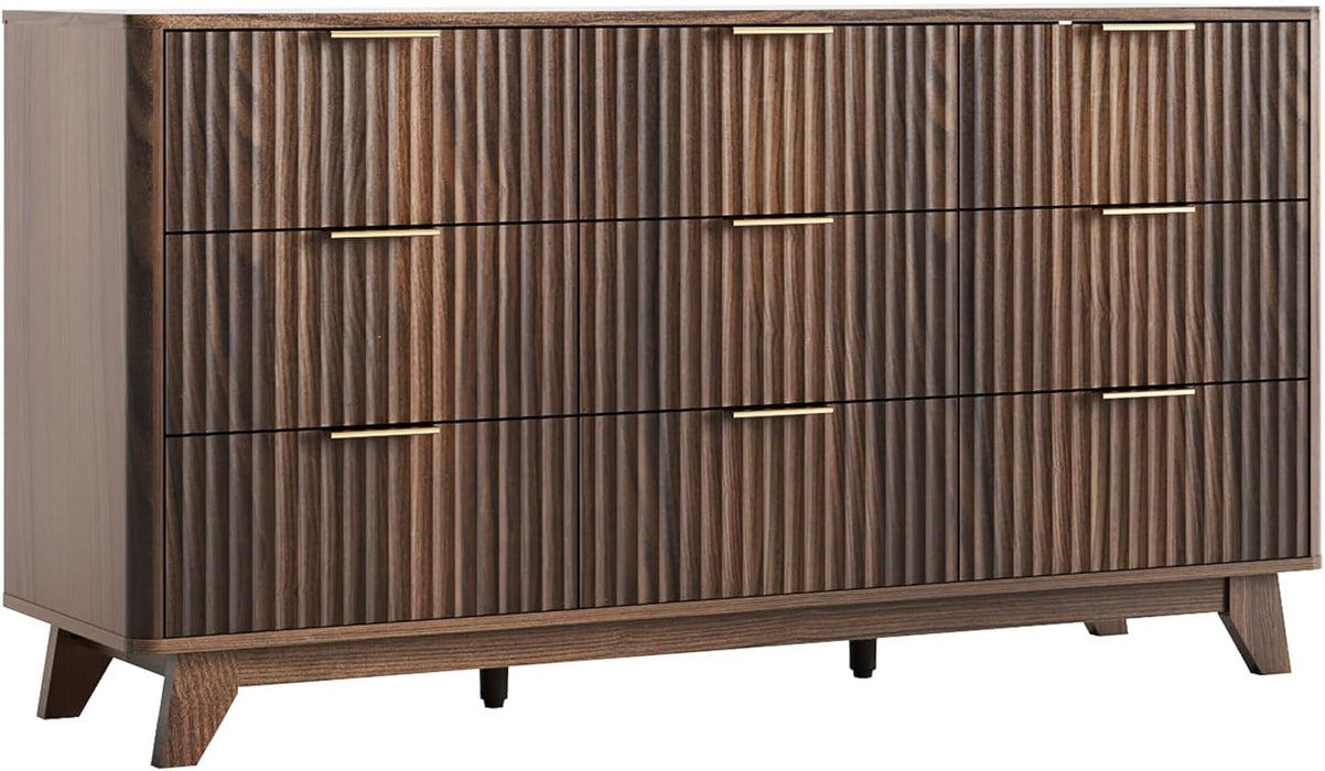 Fluted Dressers Chest of Drawers,57" Fluted Wide Modern Dresser with Metal Handle, Curved Profile Design, Wood Drawer Organizer for Bedroom, Walnut