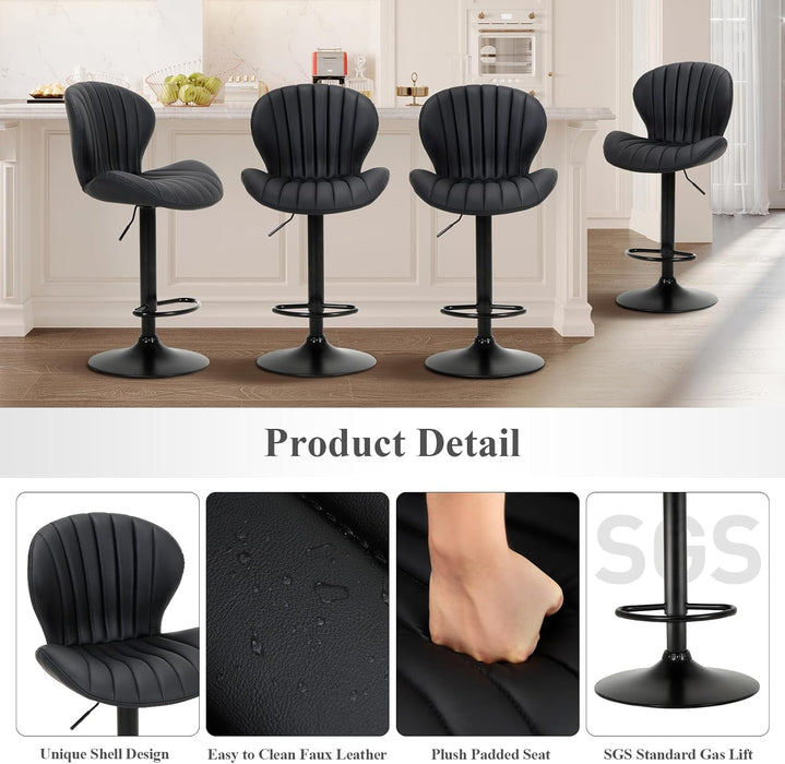 Bar Stools Set of 4, Modern Swivel Bar Chairs, Adjustable Faux Leather Upholstered Barstools Counter Height with High Backrest for Bar, Kitchen Island, Dining Room, Black
