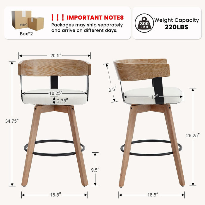 Swivel Bar Stools Set of 4-26" Counter Height Bar Stool with Footrest - Modern Wood Barstools with Linen Upholstered Seat - 360-Degree Swivel Stool for Kitchen Island Home Bar - White