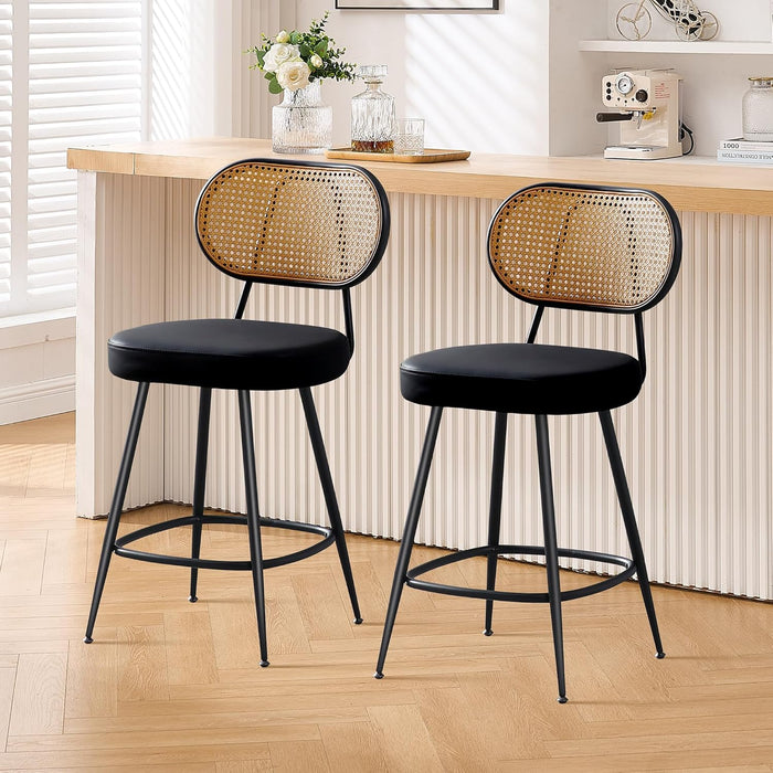 Counter Height Bar Stools Set of 2, 26" Seat Height Barstools with Rattan Back and Metal Legs, Upholstered Faux Leather Bar Chairs for Kitchen Island, Home Bar, Black