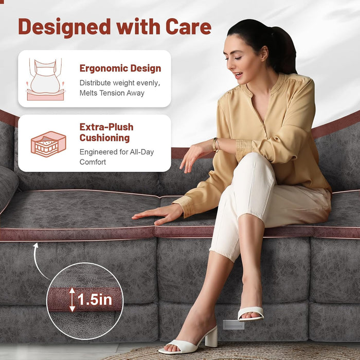 3 Seater Recliner Sofa, FSC Certified Manual Reclining Couch with Flip-Up Middle Backrest & Drawers, Modern Recliner Sofa with USB Ports & Cup Holders for RV, Living Room