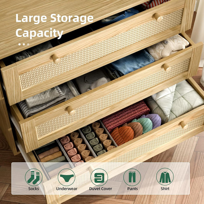 3 Drawer Rattan Dresser for Bedroom, Modern Wooden Dresser Chest with Handles for Bedroom, Hallway and Living Room, Wood Oak