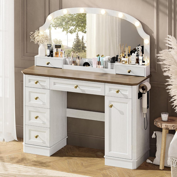 Amberhaus Farmhouse Vanity Desk With Mirror Lights