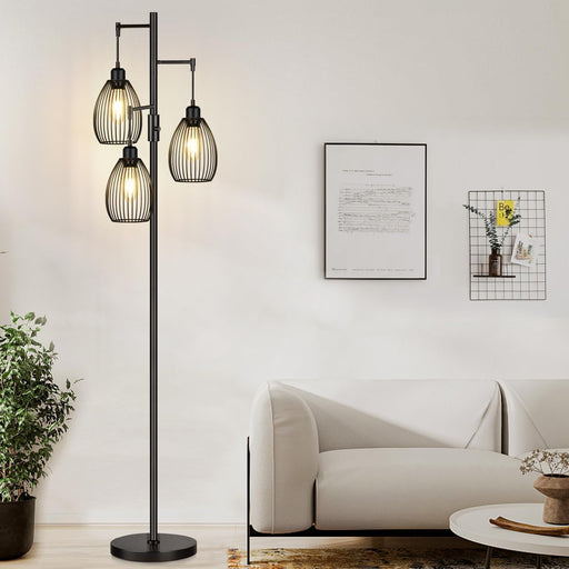 Dimmable Floor Lamp, 3 X 800LM LED Edison Bulbs Included, Farmhouse Industrial Floor Lamp Standing Tree Lamp with Elegant Teardrop Cage Tall Lamps for Living Room Bedroom Office Dining Room-Black