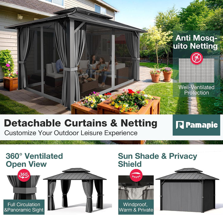 10X12Ft Hardtop Gazebo,Galvanized Steel Double Roof with Aluminum Frame,Outdoor Permanent Pavilion with Breathable Netting & Privacy Curtain for Patio,Backyard,Deck,Lawn,Gray